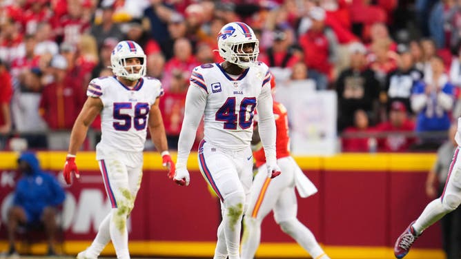 Bills edge rusher Von Miller celebrates after a sack vs. the Kansas City Chiefs at GEHA Field at Arrowhead Stadium in Kansas City, Missouri.