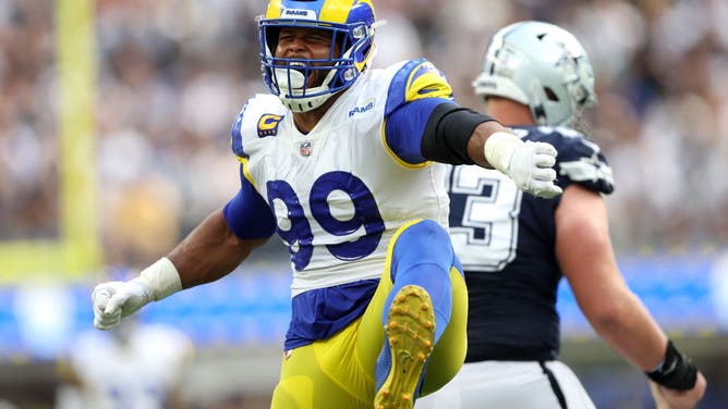 Rams Pro Bowler Aaron Donald reacts after sacking Dallas Cowboys QB Cooper Rush at SoFi Stadium in Inglewood, California.
