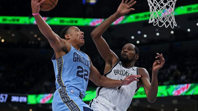 Memphis Grizzlies Desmond Bane getting to the cup against Brooklyn Nets Kevin Durant at FedExForum on October 24, 2022 in Memphis.