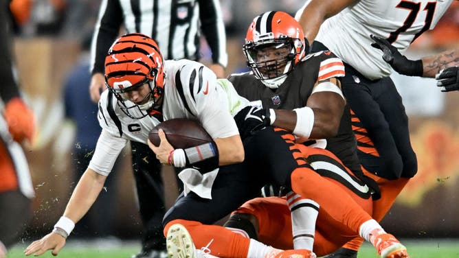 Browns pass rusher Myles Garrett sacks Cincinnati Bengals QB Joe Burrow at FirstEnergy Stadium in Cleveland, Ohio.