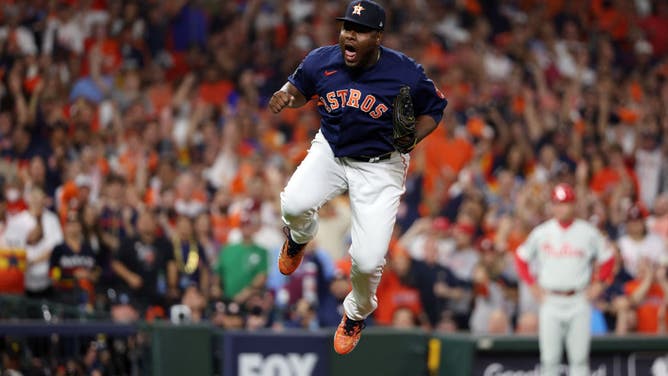 Houston Astros reliever Hector Neris celebrates during the World Series.