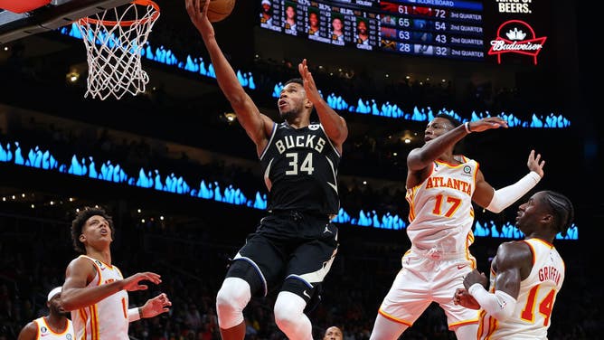 Milwaukee Bucks' Giannis Antetokounmpo attacks the basket against the Atlanta Hawks at State Farm Arena in Atlanta.