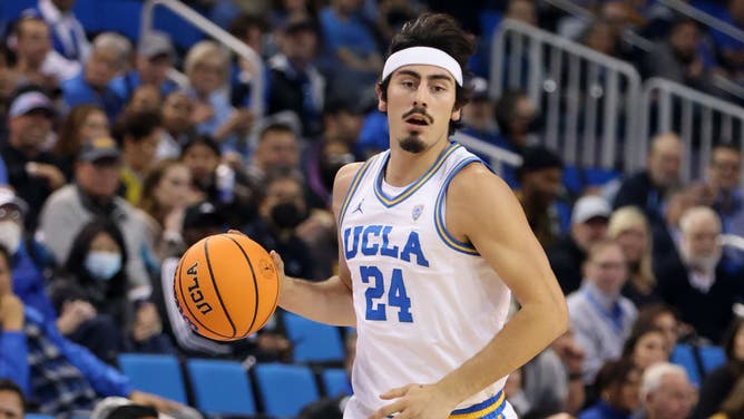 UCLA Bruins wing Jaime Jaquez Jr. controls the ball during a game against the Sacramento State Hornets at UCLA Pauley Pavilion in Los Angeles.