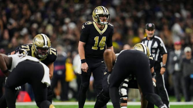 New Orleans Saints QB Andy Dalton looks down field against the Baltimore Ravens at Caesars Superdome in New Orleans.