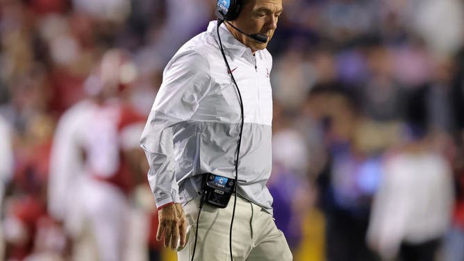 Alabama Crimson Tide head coach Nick Saban looks grumpy in a game against the LSU Tigers at Tiger Stadium in Baton Rouge, Louisiana.