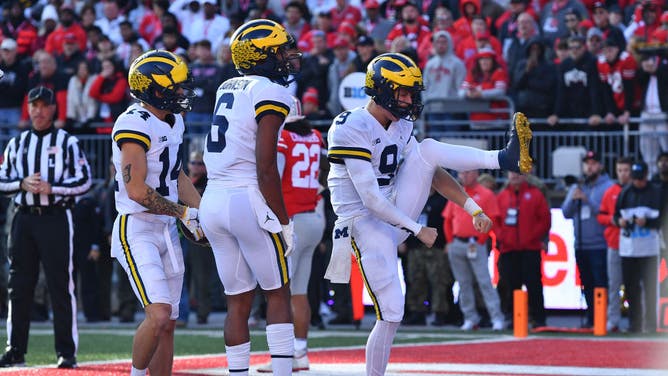 Michigan QB J.J. McCarthy reacts after scoring a rushing TD during a college football game vs. Ohio State at Ohio Stadium in Columbus.