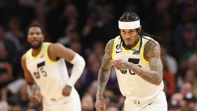 Utah Jazz SG Jordan Clarkson reacts to a 3-point shot against the Phoenix Suns at Footprint Center in Phoenix, Arizona.