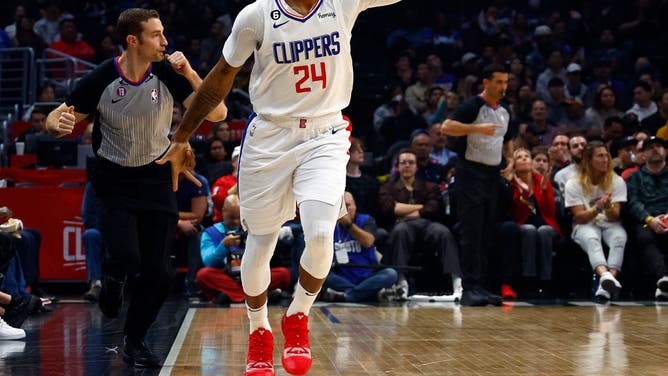 LA Clippers wing Norman Powell celebrates a 3-point shot against the Indiana Pacers at Crypto.com Arena in Los Angeles.