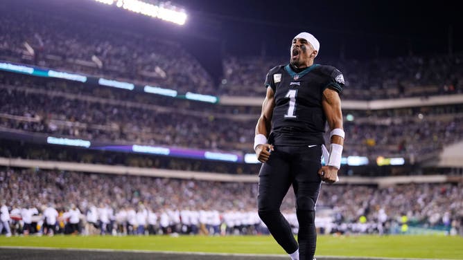 Philadelphia Eagles QB Jalen Hurts pumps up the crowd prior to the game against the Green Bay Packers at Lincoln Financial Field in Philadelphia.