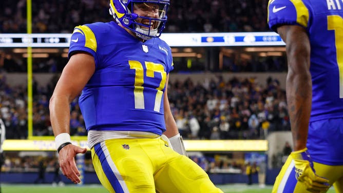 Baker Mayfield of the Los Angeles Rams celebrates after throwing the game winning touchdown against the Las Vegas Raiders.