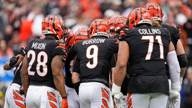 Cincinnati Bengals QB Joe Burrow huddles with his team against the Cleveland Browns at Paycor Stadium in Cincinnati, Ohio.