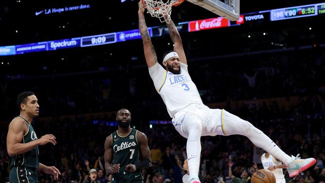 Los Angeles Lakers PF Anthony Davis reacts to his dunk vs. the Boston Celtics at Crypto.com Arena in Los Angeles.
