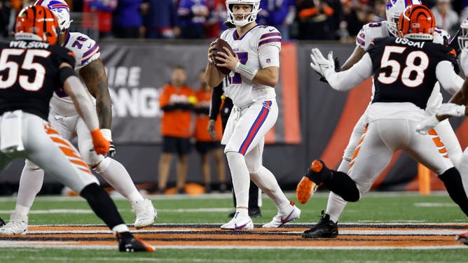 Buffalo Bills QB Josh Allen drops back to pass the ball during the game against the Cincinnati Bengals at Paycor Stadium in Cincinnati, Ohio.
