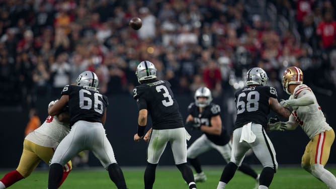 Las Vegas Raiders QB Jarrett Stidham passes against the San Francisco 49ers at Allegiant Stadium in Las Vegas.