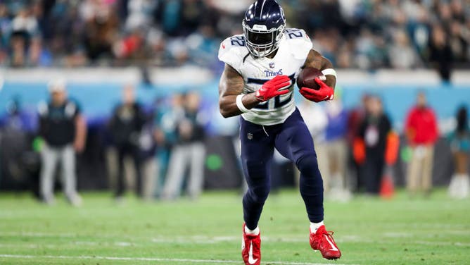 Derrick Henry of the Tennessee Titans runs the ball during the first quarter against the Jacksonville Jaguars.