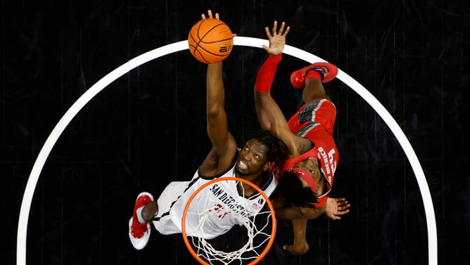 Mensah battles the New Mexico Lobos for a rebound at Viejas Arena at San Diego State University in California.