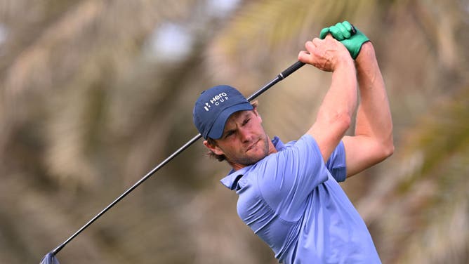 Thomas Detry tees off on the 14th hole on Day Three of the Hero Cup at Abu Dhabi Golf Club in Abu Dhabi, United Arab Emirates.