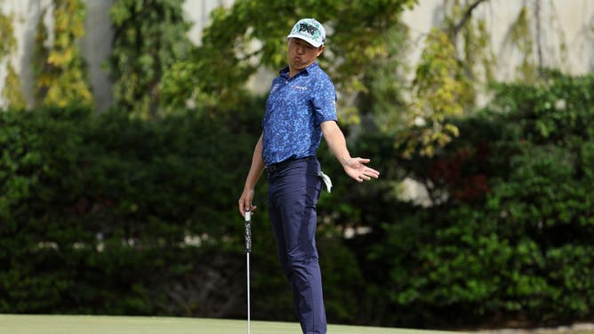 David Lipsky reacts to his putt on the 5th green at the the Sony Open at Waialae Country Club in Honolulu, Hawaii.