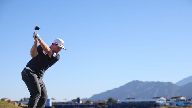 Sungjae Im tess off at 18 during the final round of The American Express at PGA West Pete Dye Stadium Course in La Quinta, California.