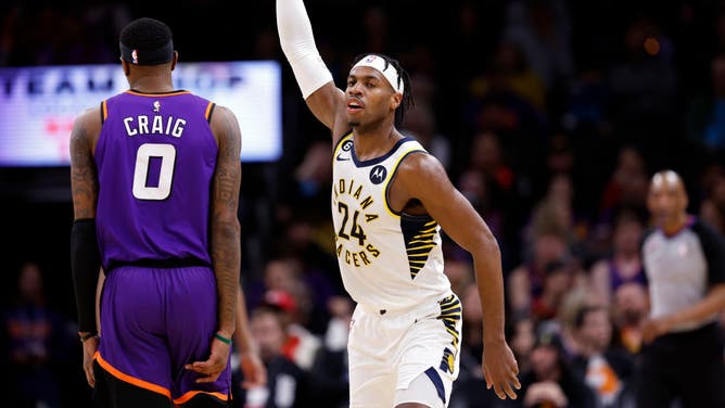 Pacers SG Buddy Hield during the game vs. the Suns at Footprint Center in Phoenix, Arizona.
