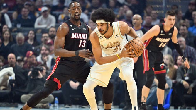 Bam Adebayo defends Jarrett Allen during the 1st quarter at Rocket Mortgage Fieldhouse in Cleveland, Ohio.