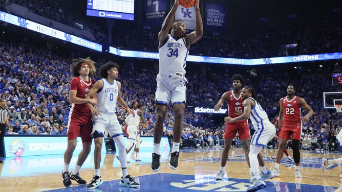 Kentucky Wildcats big Oscar Tshiebwe grabs a rebound against the Arkansas Razorbacks at Rupp Arena in Lexington, Kentucky.