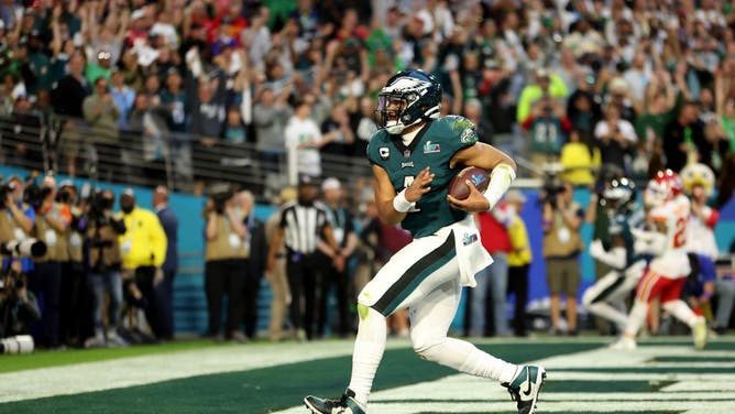 Philadelphia Eagles QB Jalen Hurts runs for a 4-yard TD vs. the Kansas City Chiefs in Super Bowl LVII at State Farm Stadium in Glendale, Arizona.