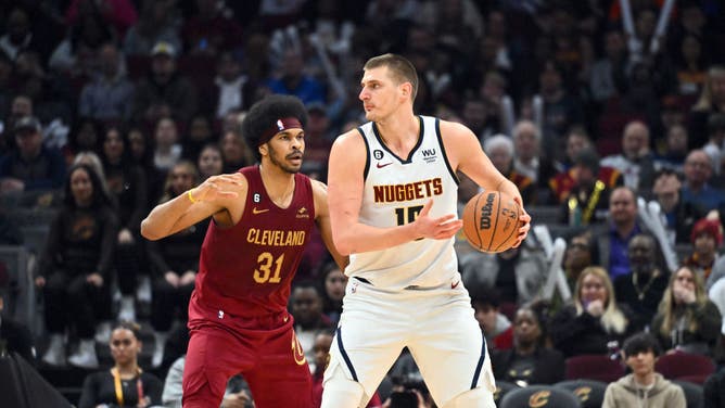 Denver Nuggets big Nikola Jokic posts up against Cavaliers big Jarrett Allen at Rocket Mortgage Fieldhouse in Cleveland, Ohio.