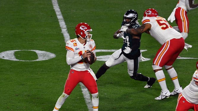 Kansas City Chiefs QB Patrick Mahomes drops back to pass vs. the Philadelphia Eagles in Super Bowl LVII at State Farm Stadium in Glendale, Arizona.