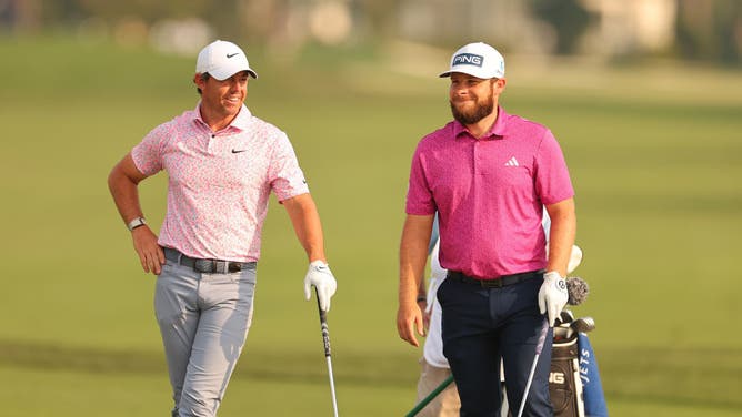 Rory McIlroy laughs with Tyrell Hatton on the 12th hole during the 1st round of the Arnold Palmer Invitational presented by Mastercard at Arnold Palmer Bay Hill Golf Course in Orlando, Florida.