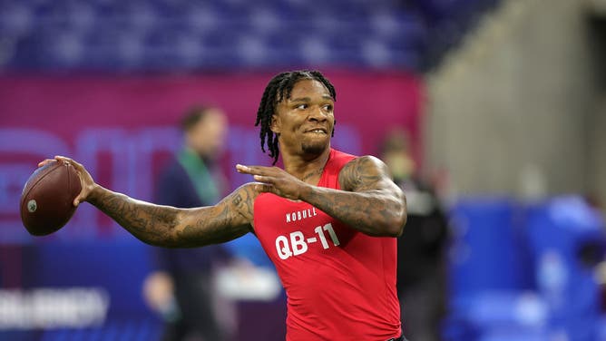 Quarterback Anthony Richardson of Florida participates in a drill during the NFL Combine, just under a month before his Pro Day workout.
