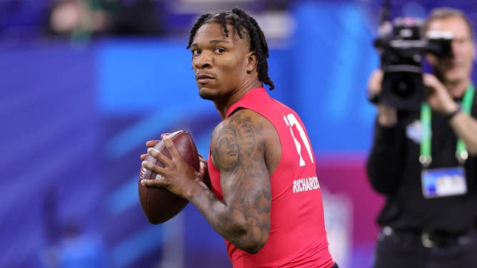 Anthony Richardson of Florida participates in a drill during the NFL Scouting Combine.