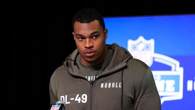 Defensive lineman Tyree Wilson of Texas Tech speaks with the media during the scouting combine ahead of the NFL Draft.