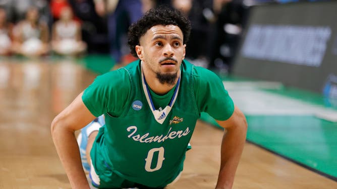 Texas A&M-CC's Trevian Tennyson reacts after being fouled by the Alabama Crimson Tide in the 1st round of the NCAA Men's Basketball Tournament at Legacy Arena in Birmingham, Alabama.