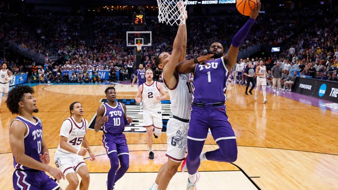 TCU's Mike Miles Jr. drives to the basket vs. Gonzaga in the NCAA Tournament at Ball Arena in Denver, Colorado.