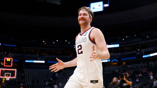 Drew Timme reacts after the 84-81 victory vs. TCU in the NCAA Tournament at Ball Arena in Denver, Colorado.