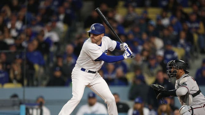 Dodgers 1B Freddie Freeman at bat vs. the Diamondbacks on Opening Day at Dodger Stadium in Los Angeles.