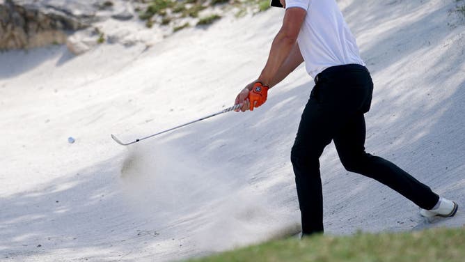 Thomas Detry his shot from the bunker on the 1st hole during the 3rd round of the Valero Texas Open at TPC San Antonio in Texas.