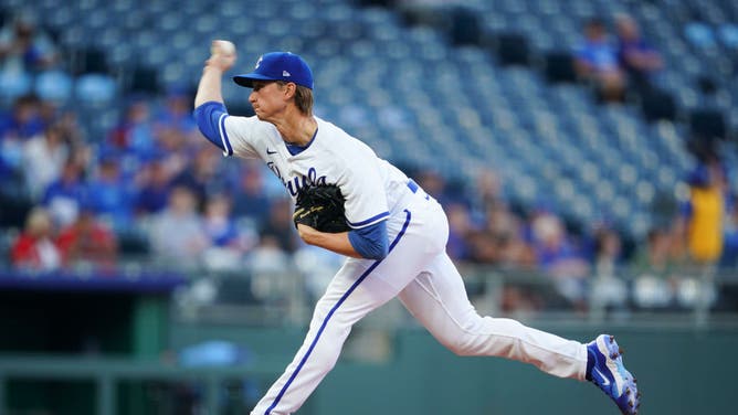 Brady Singer pitches against the Blue Jays during at Kauffman Stadium in Kansas City, Missouri.