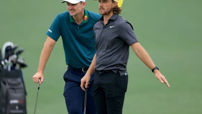 Justin Rose and Fleetwood on the 2nd hole during practice prior to the 2023 Masters Tournament at Augusta in Georgia.