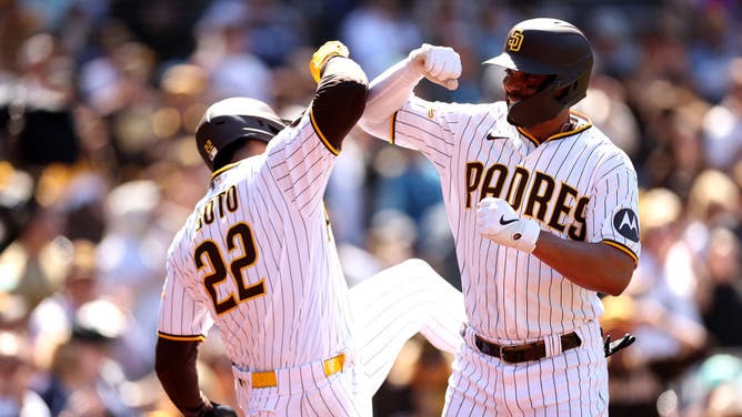 Padres' Juan Soto congratulates Xander Bogaerts after his 2-run homer vs. the Arizona Diamondbacks at PETCO Park in San Diego.