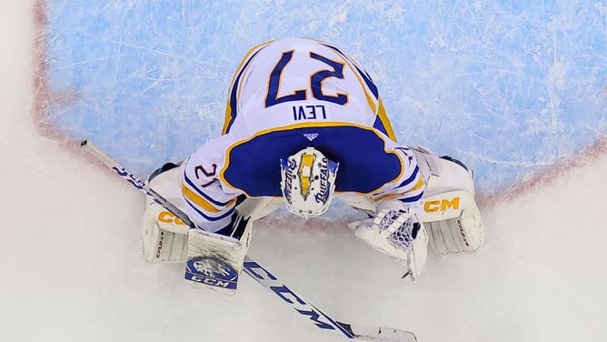 Devon Levi of the Buffalo Sabres during the game against the New Jersey Devils.
