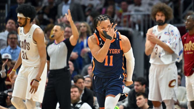 Knicks PG Jalen Brunson celebrates after scoring vs. the Cavaliers at Rocket Mortgage Fieldhouse in Cleveland, Ohio.