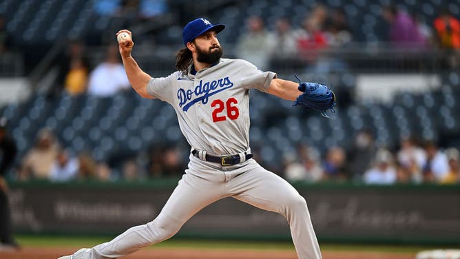 Dodgers RHP Tony Gonsolin in action during the game vs. the Pirates at PNC Park in Pittsburgh, Pennsylvania.