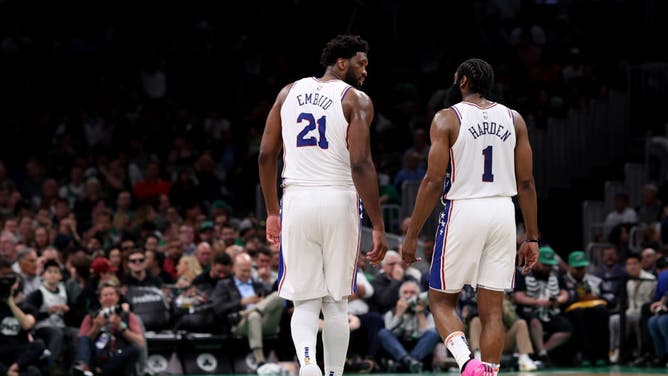 Harden and Embiid talk during the second half of Game 5 of the Eastern Conference Semifinals vs. the Celtics.