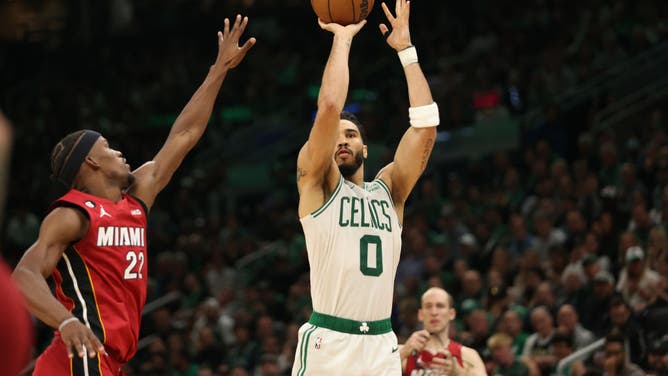 Celtics SF Jayson Tatum shoots over Butler in Game 2 of the EFC at TD Garden in Boston.