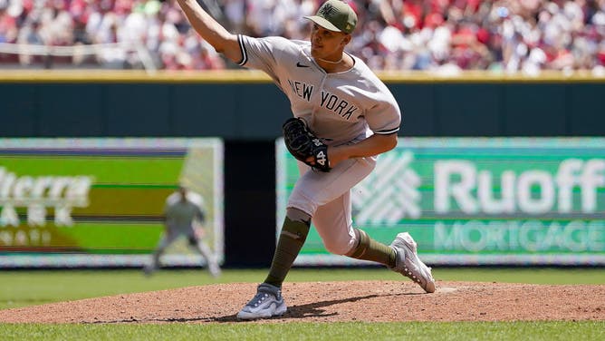 Albert Abreu #of the New York Yankees pitches in the sixth inning against the Cincinnati Reds at Great American Ball Park during a game streamed exclusively on Peacock. The Yankees are set to air on four different streaming networks this week.