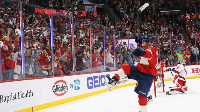 Panthers F Matthew Tkachuk scores a 1st-period goal vs. the Carolina Hurricanes in Game 4 of the Eastern Conference Finals of the 2023 Stanley Cup Playoffs at FLA Live Arena.