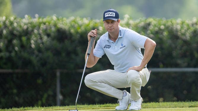 Harris English lines up a putt on the 4th hole during the 2nd round of the Charles Schwab Challenge at Colonial Country Club in Fort Worth, Texas.