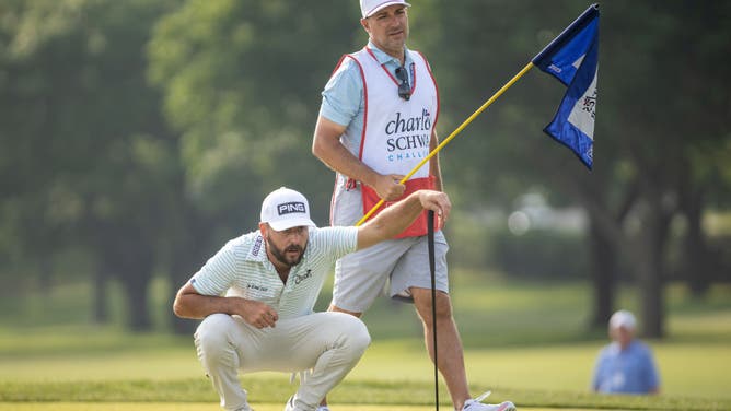 Stephan Jaeger line up a putt the during the 3rd round of the 2023 Charles Schwab Challenge at Colonial Country Club in Fort Worth, Texas.